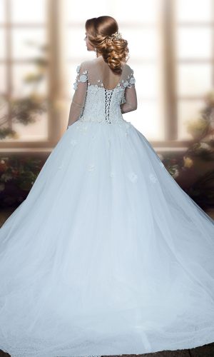 AE2006 3 300x500 - لباس عروس مدل اسکارلت آستین‌دار شکوفه‌ای